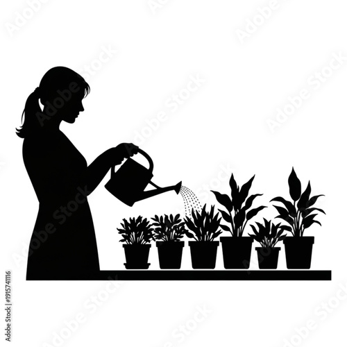 Woman watering plants with a can isolated on transparent background.