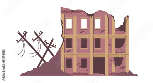 Damaged building with broken electricity poles and wires in a desolate landscape viewed from the front