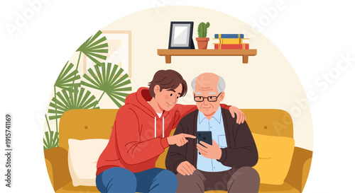 A young man and senior citizen sitting together on a couch, viewing a digital device in a cozy living room environment from a slightly elevated viewpoint