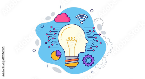 Innovative ideas and creative concepts represented by a lightbulb surrounded by abstract technology and data visualization elements