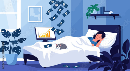 Woman lying in bed with computer and papers floating around her in a serene bedroom environment