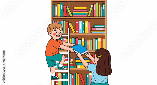 Children retrieving a book from a tall bookshelf together, standing on a ladder, in a library setting, viewed from the side.