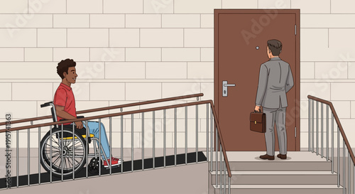 Man in wheelchair using ramp to access building while another man enters through door