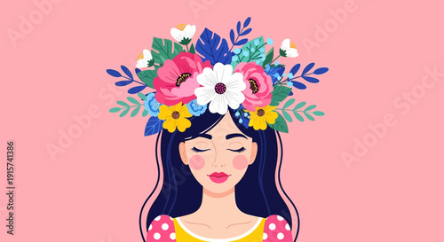 A serene woman adorned with a vibrant floral crown, surrounded by lush flowers, in a stylized illustration from a frontal viewpoint