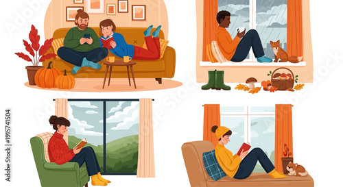 People relaxing in cozy living rooms with family and pets on a lazy autumn day indoors