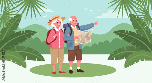 Elderly couple exploring tropical landscape together, standing on grassy area, examining map with lush greenery surrounding them