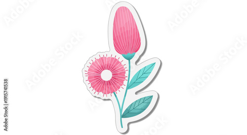 Illustration of a pink flower with leaves and bud, viewed from the front, showcasing nature and beauty