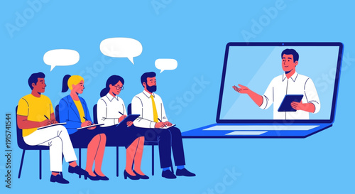 Business professionals engaged in a virtual meeting with a remote presenter on a laptop screen