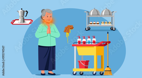 Elderly woman serving beverages from a cart with various drink containers and dishes