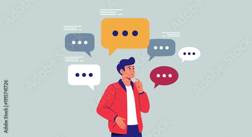 Man contemplating conversation bubbles surrounding him in a thoughtful pose