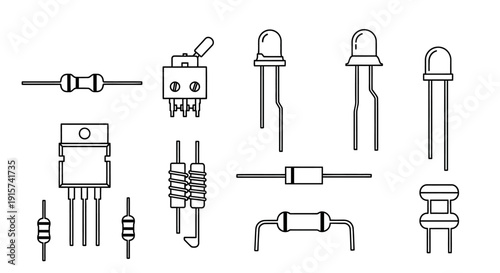 Collection of various electronic components illustrated in a technical drawing style from a straightforward viewpoint