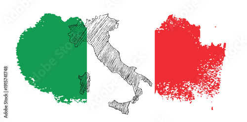 Hand-drawn Sketch of Italy Map with Italian Flag Colors