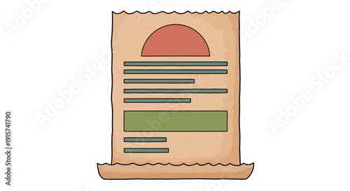 A graphic illustration of a paper document with abstract shapes on a flat surface viewed from the side