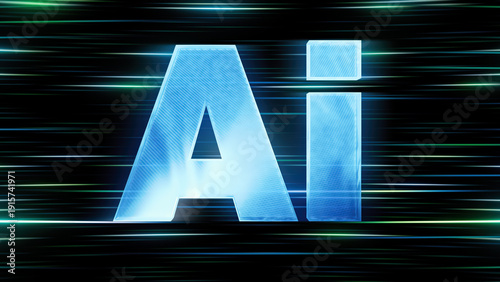 Futuristic AI glass typography with glowing light trails and motion blur background