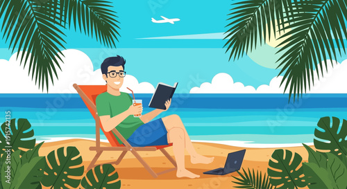 Man relaxing on a tropical beach with a tablet, surrounded by lush greenery and a serene ocean view.