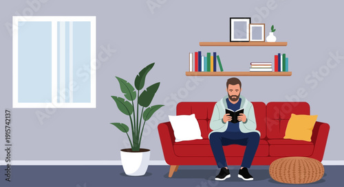 Man sitting on red couch in living room with potted plant and bookshelf nearby viewed from the front