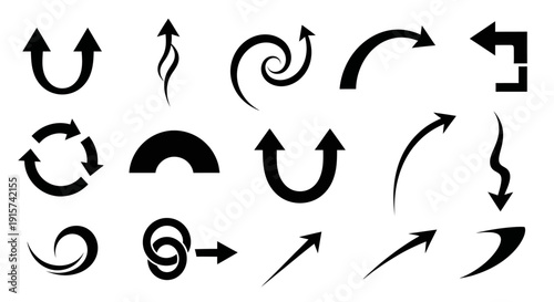 Collection of diverse black arrows and curved pointers on a clean background from a straightforward viewpoint