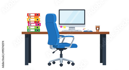 Canvastavla A modern office desk setup with a blue chair, computer, and colorful books from