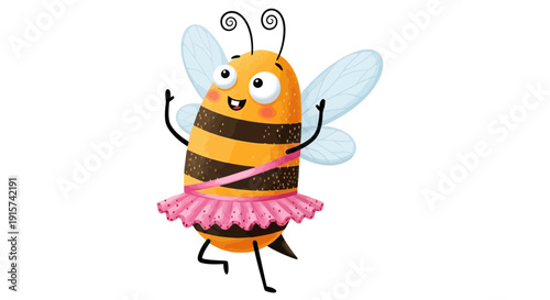 A cartoon bee in a pink tutu dancing happily with outstretched arms and wings in a playful illustration