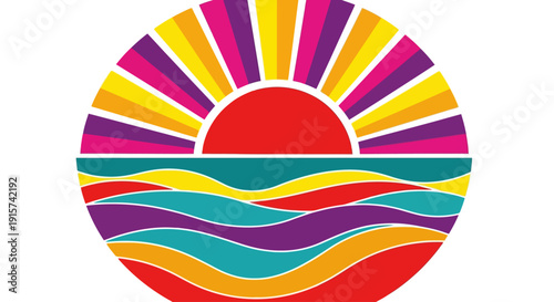 Vibrant landscape illustration of a colorful sunset over wavy ocean waters from a circular viewpoint