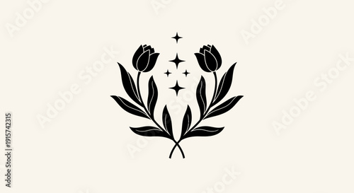 Elegant black tulip illustration featuring minimalist flowers and leaves in a simple, artistic design