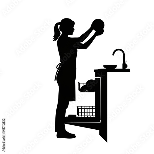 Woman washing dishes in kitchen sink isolated on transparent background.