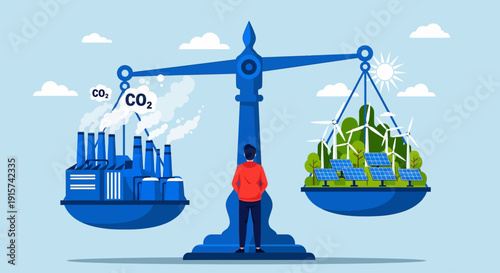 Man standing on scale balancing industrial pollution with nature's cleanliness