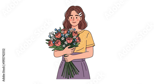 A young woman holding a colorful bouquet of flowers in her arms, standing alone in a simple illustration style