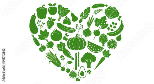Assorted vegetables and fruits forming a heart shape on a plain background from a direct viewpoint