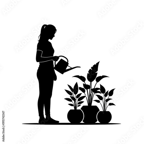 Woman watering potted houseplants from side isolated on transparent background.