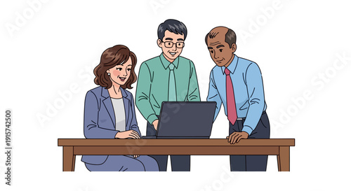Three professionals collaborating around a laptop on a wooden table in a modern office setting viewed from the side