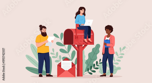 People interacting with a large red mailbox in a lush green environment from a front viewpoint