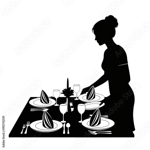 Woman Setting Dinner Table With Plates isolated on transparent background.