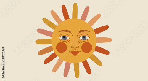 A vibrant cartoon sun with a smiling face and rosy cheeks radiates warmth from a plain background in a graphic illustration viewed from the front