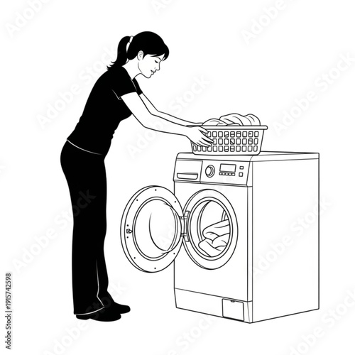 Woman loading washing machine with laundry isolated on transparent background.