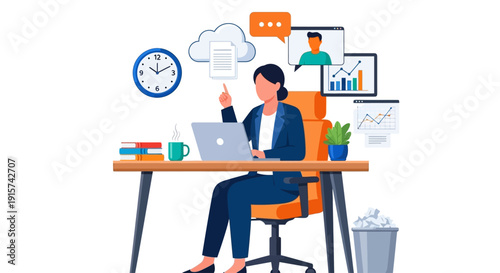 A woman working on a laptop at a desk with various office supplies and digital elements surrounding her in a modern workspace environment