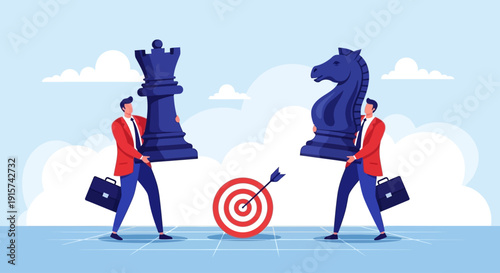 Two businessmen in red jackets carrying large chess pieces towards a target on a light blue background from opposite directions