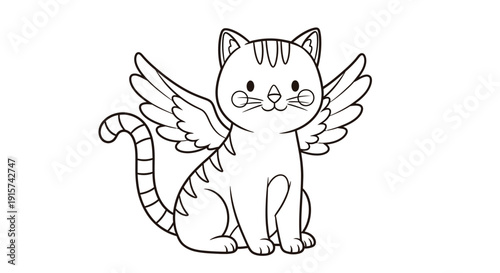 A cartoon cat with wings sitting and looking forward, an illustration of a mythical creature
