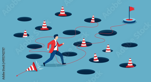 Man navigating through obstacles with cones to reach a flag on an island