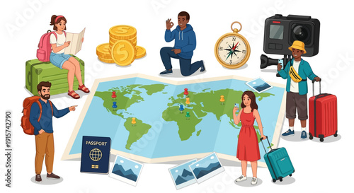 Travelers planning journey on world map with luggage and travel accessories from different viewpoints