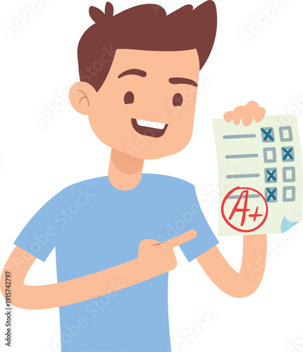 Happy student with excellent A grade test result paper