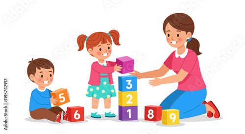 Children and teacher engaging in block play activity together in a playful learning environment viewed from the side