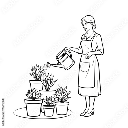Woman watering potted house plants isolated on transparent background.