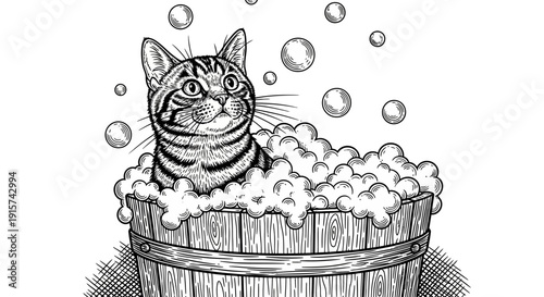 A cat relaxing in a wooden tub filled with soap bubbles, viewed from the front.