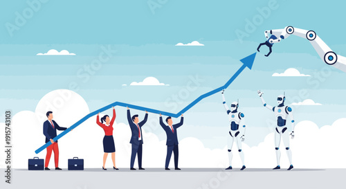 Professionals and robots collaborating to push a large graph upward indicating business growth and technological advancement in a modern setting from a low-angle viewpoint