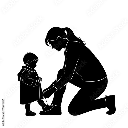Woman helping child tie shoes isolated on transparent background.