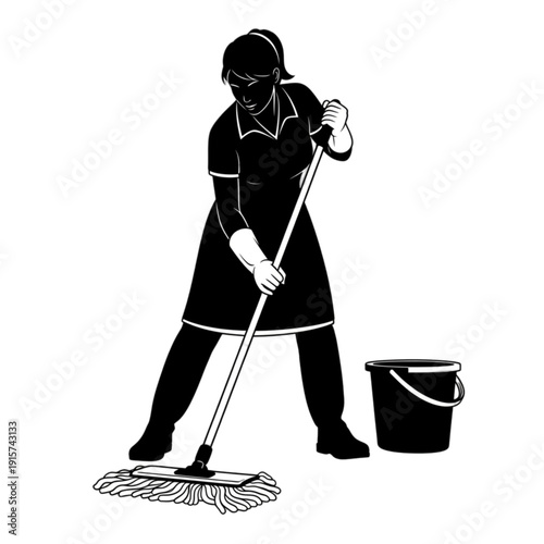 Woman wearing uniform cleaning floor isolated on transparent background.
