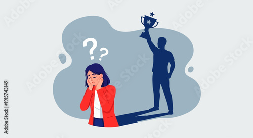 A contemplative woman ponders a triumphant figure holding a trophy in a thought bubble