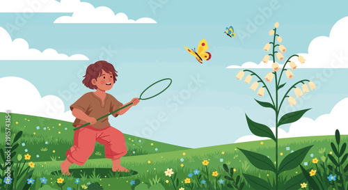 A young boy enthusiastically plays with a butterfly net in a lush green meadow filled with flowers and butterflies on a sunny day