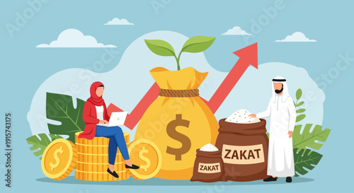 Man sitting on gold coins with zakat charity bag and money growth